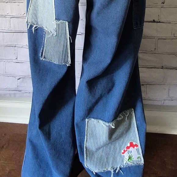 Embroidered Denim Overalls with Floral and Mushroom Design - Picture 5 of 5